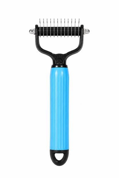 Pet detangling comb shown in blue and pink colour options