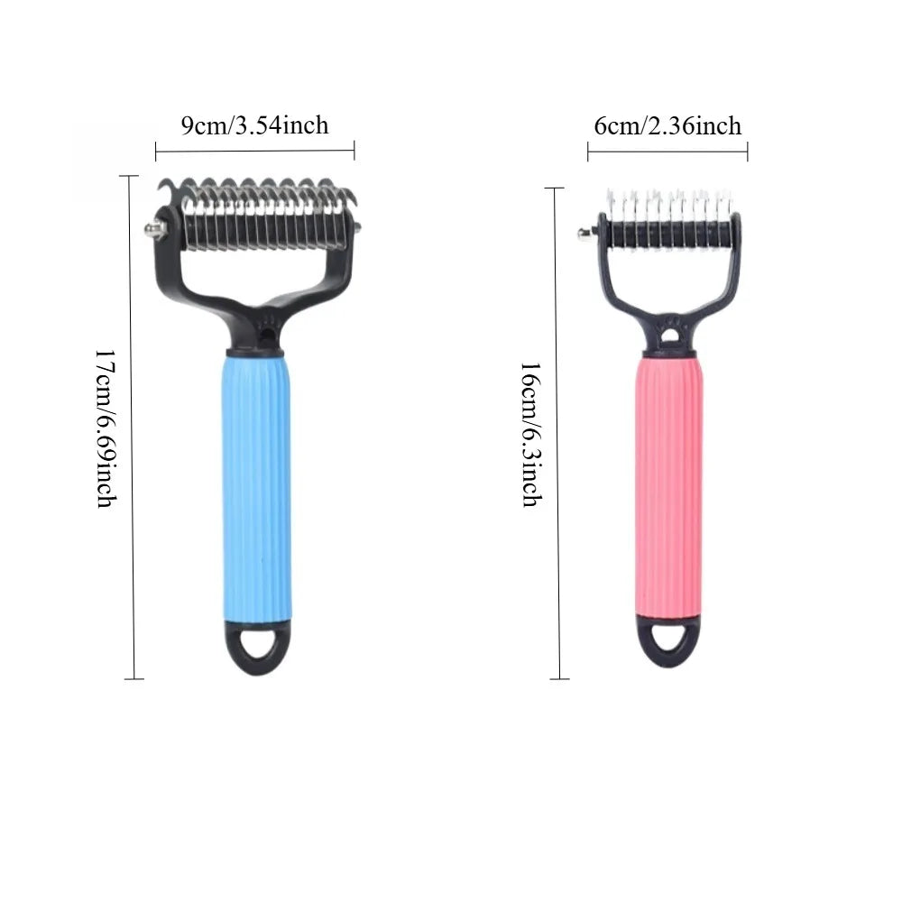 Cat being groomed with double-sided detangling comb to remove loose hair