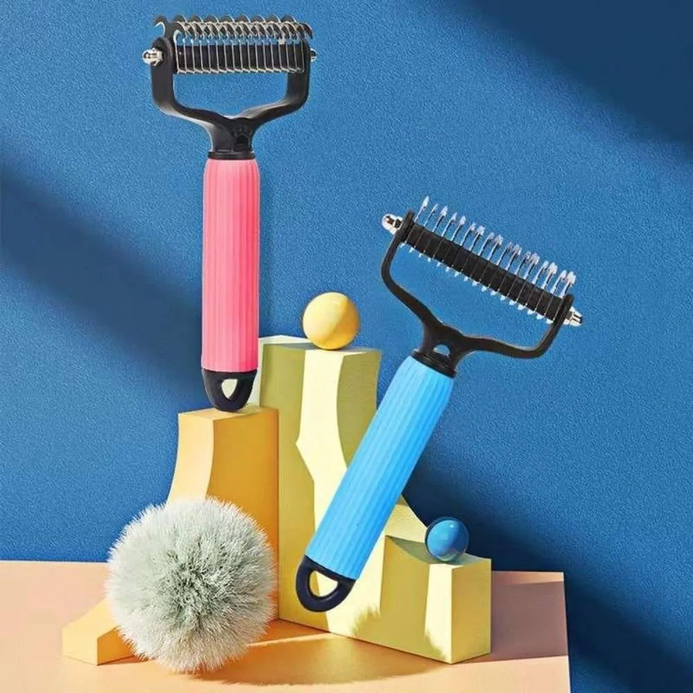 Dog being brushed with stainless steel detangling comb for mats and knots