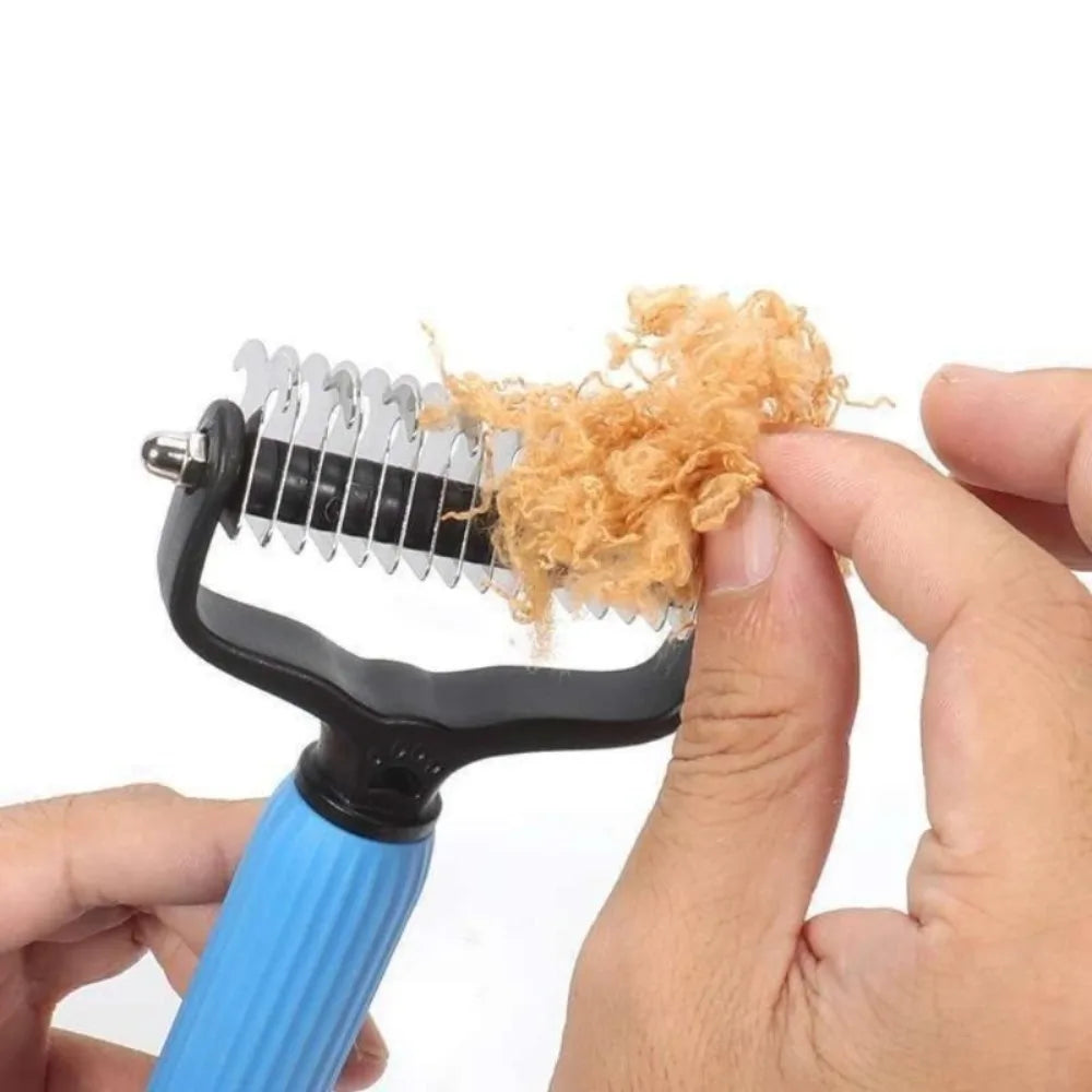 Pet detangling comb removing loose fur from pet coat